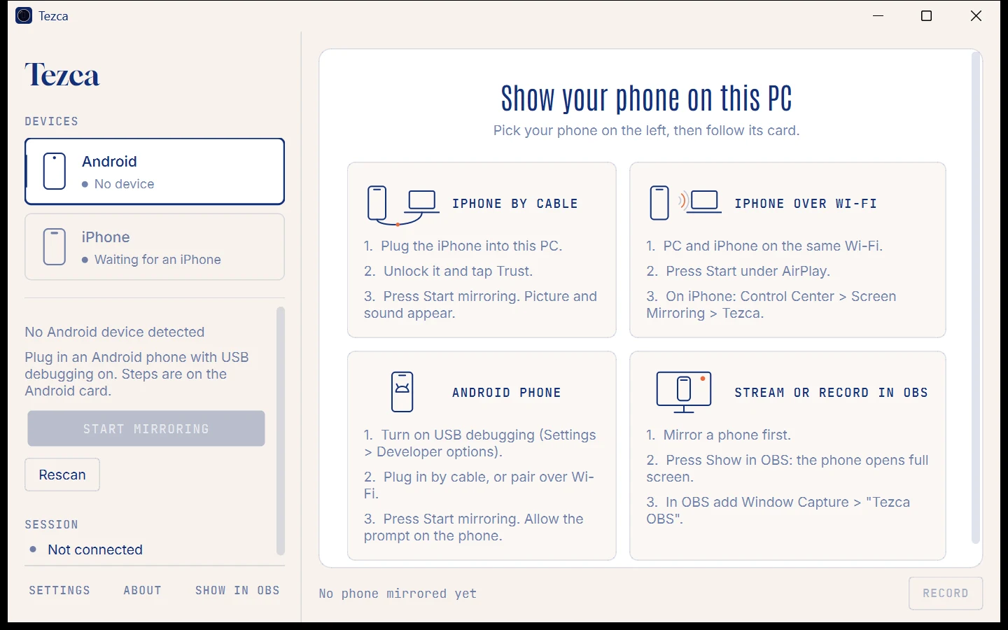 The Tezca window: Android and iPhone on the left, and a picture guide with steps for cable, Wi-Fi, Android and OBS.